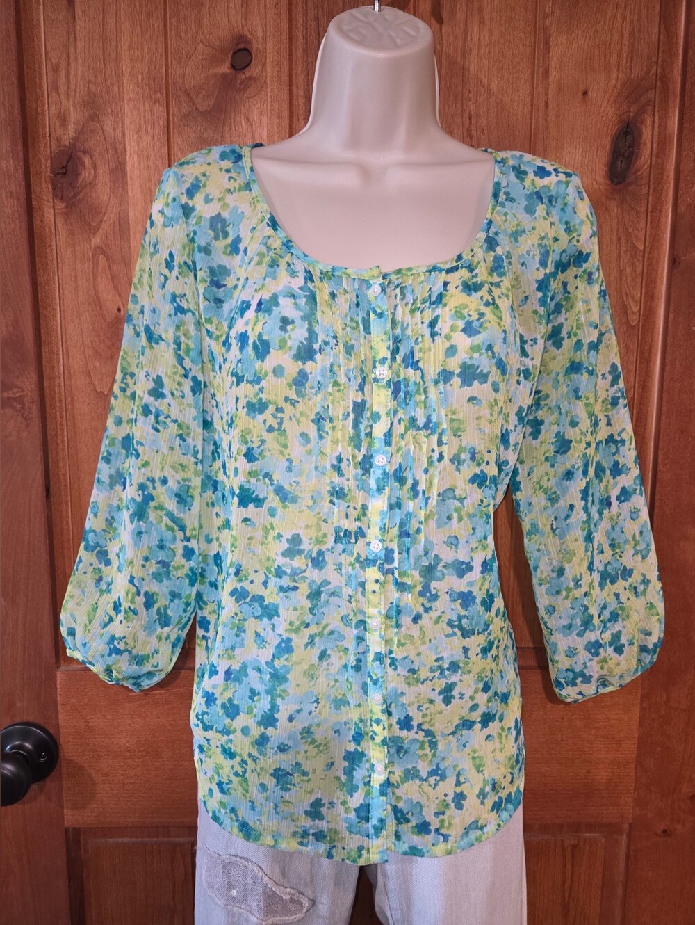 St John's Bay Lightweight Blue & Green Floral Button-Front Women's Top